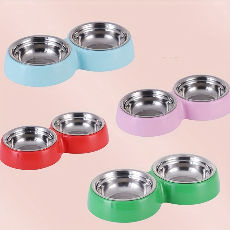 Plastic Pet Double Bowl 2 In 1 Stainless Steel Dog Food And Water Bowl Set With Non-slip Stand, Pet Feeding Supplies