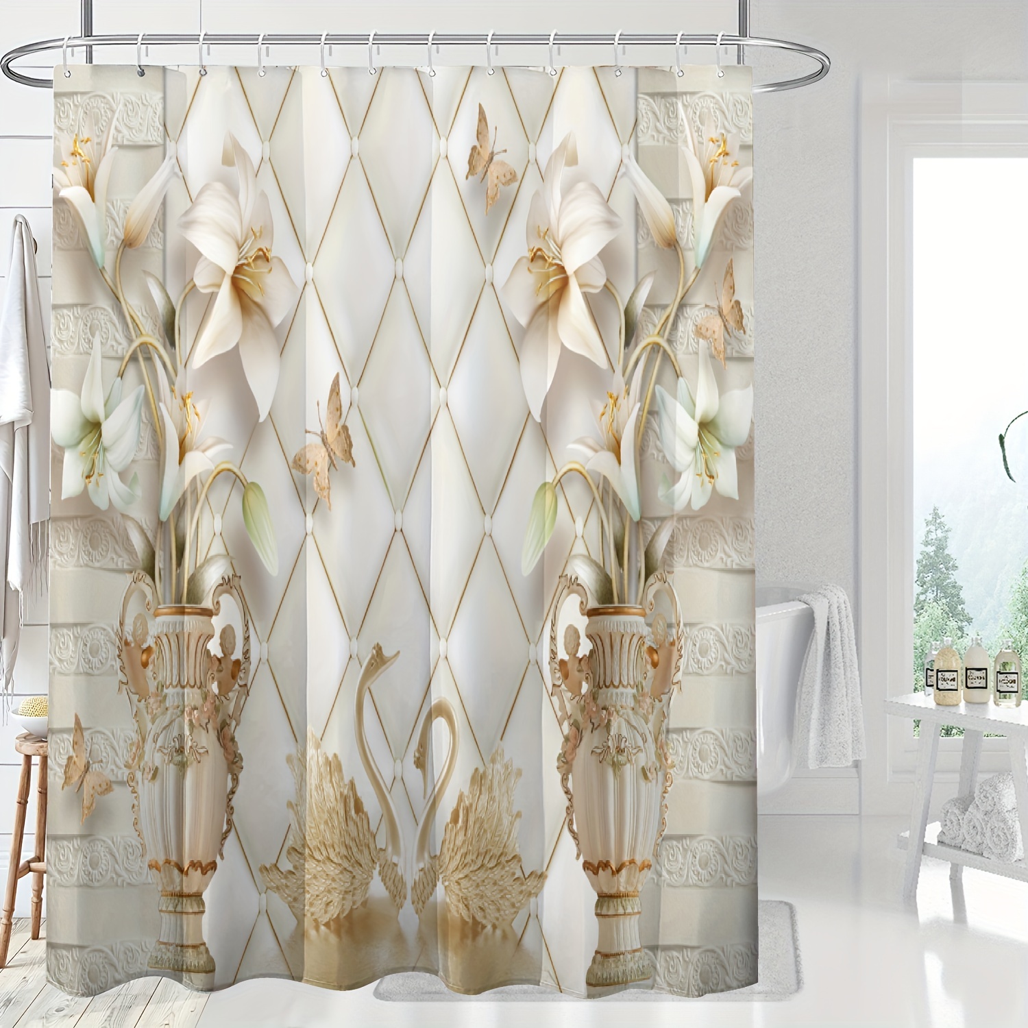 Gorgeous Court Style Pattern Shower Curtain Plastic Hooks - Temu