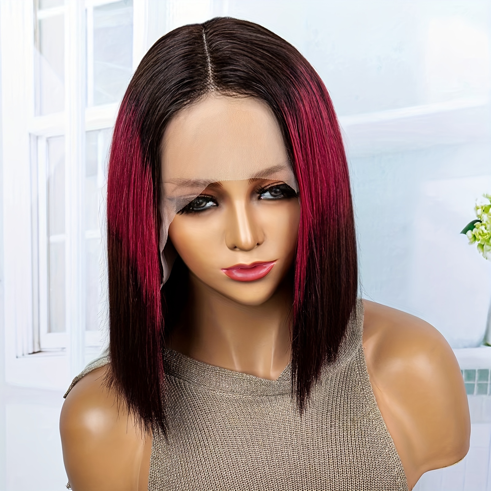 Black Mixed Red Short Bob Straight Human Hair Wigs 13 4 T Temu