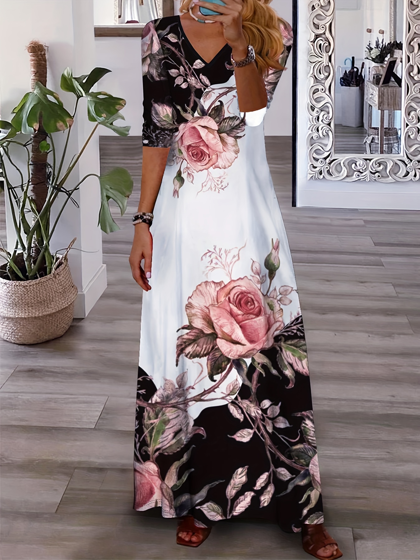 floral print 3 4 sleeve dress casual v neck maxi dress womens clothing