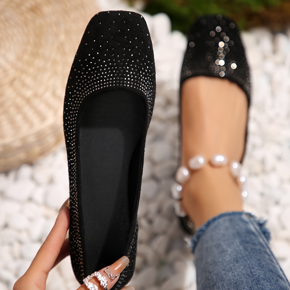 Glitter Faux Rhinestone Slip On Shoes, Fashion Soft Sole Pointed Toe Flat  Shoes, Women's Footwear