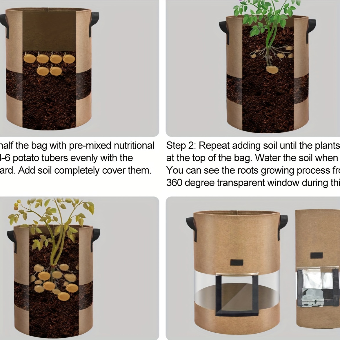 10 Gal. Grey and Black Potato Grow Bags with Flap Lid, with