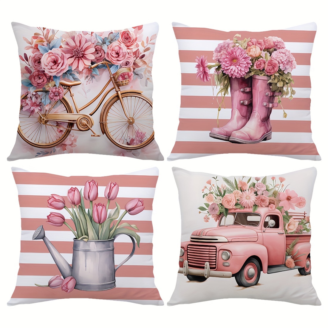 

4pcs Pink Rose Mute Watercolor Illustration Double-sided Print Peach Skin Velvet Throw Pillow Case, Home Comfortable Pillow Cover, Cushion Cover For Living Room Bedroom Sofa