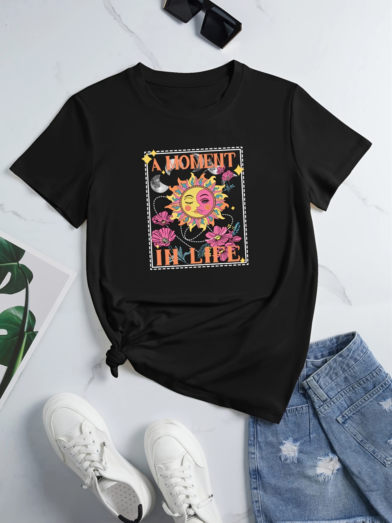 A Moment In Life Graphic Print T Shirt Cartoon Short Sleeve Crew