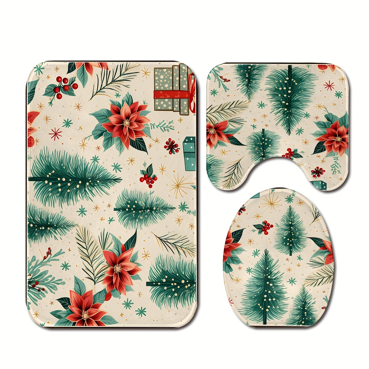 Christmas Pine Needles Flower Pattern Bathroom Rug, Bath Mats Set For  Bathroom, No Silp Washable Cover Floor Rug, Decorations For Bathroom  Bedroom, Set Includes Bath Rug, Contour Mat, And Toilet Lid Cover