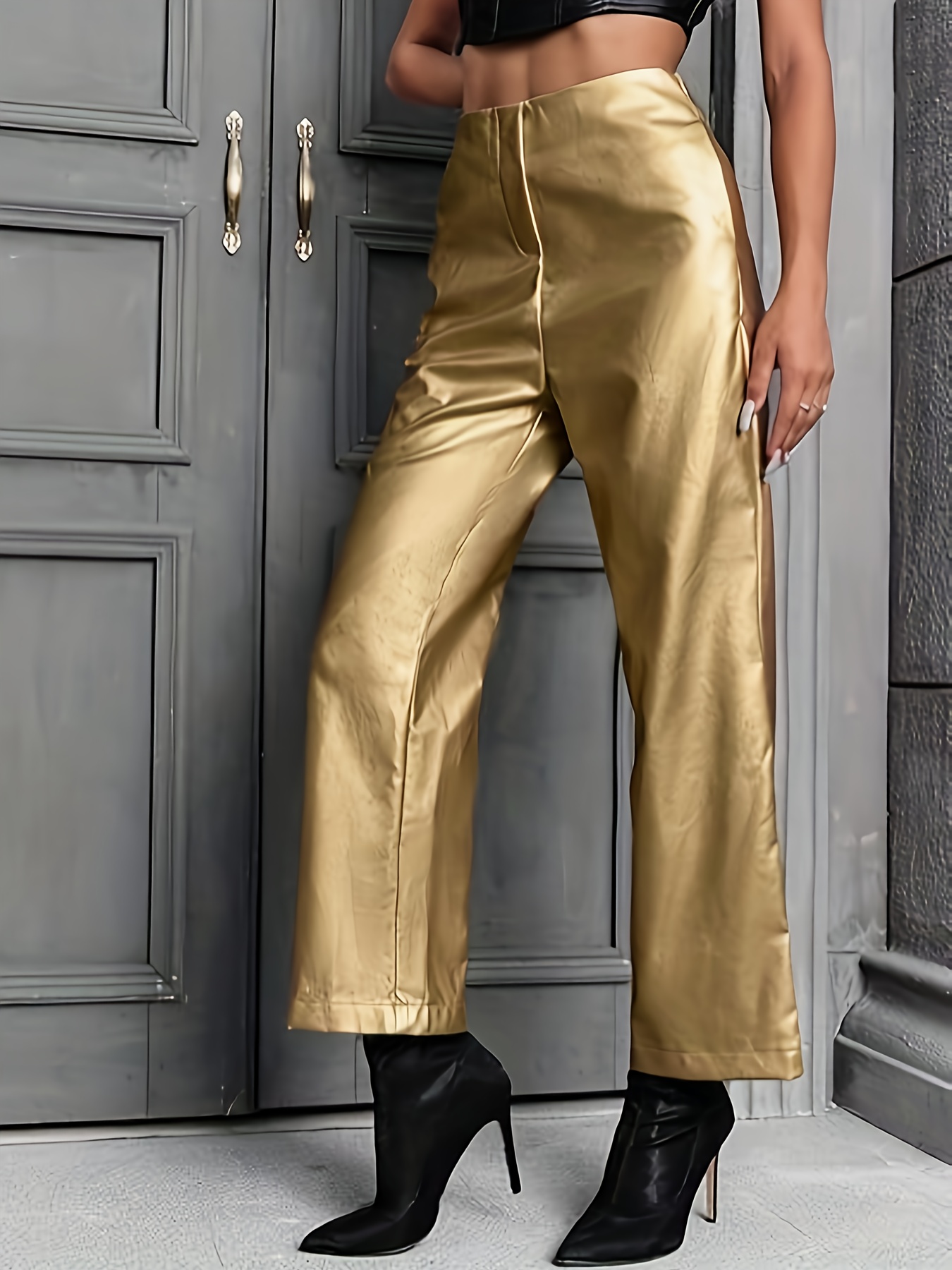 Faux Leather Flare Leg Pants Elegant High Waist Slim Pants - Temu