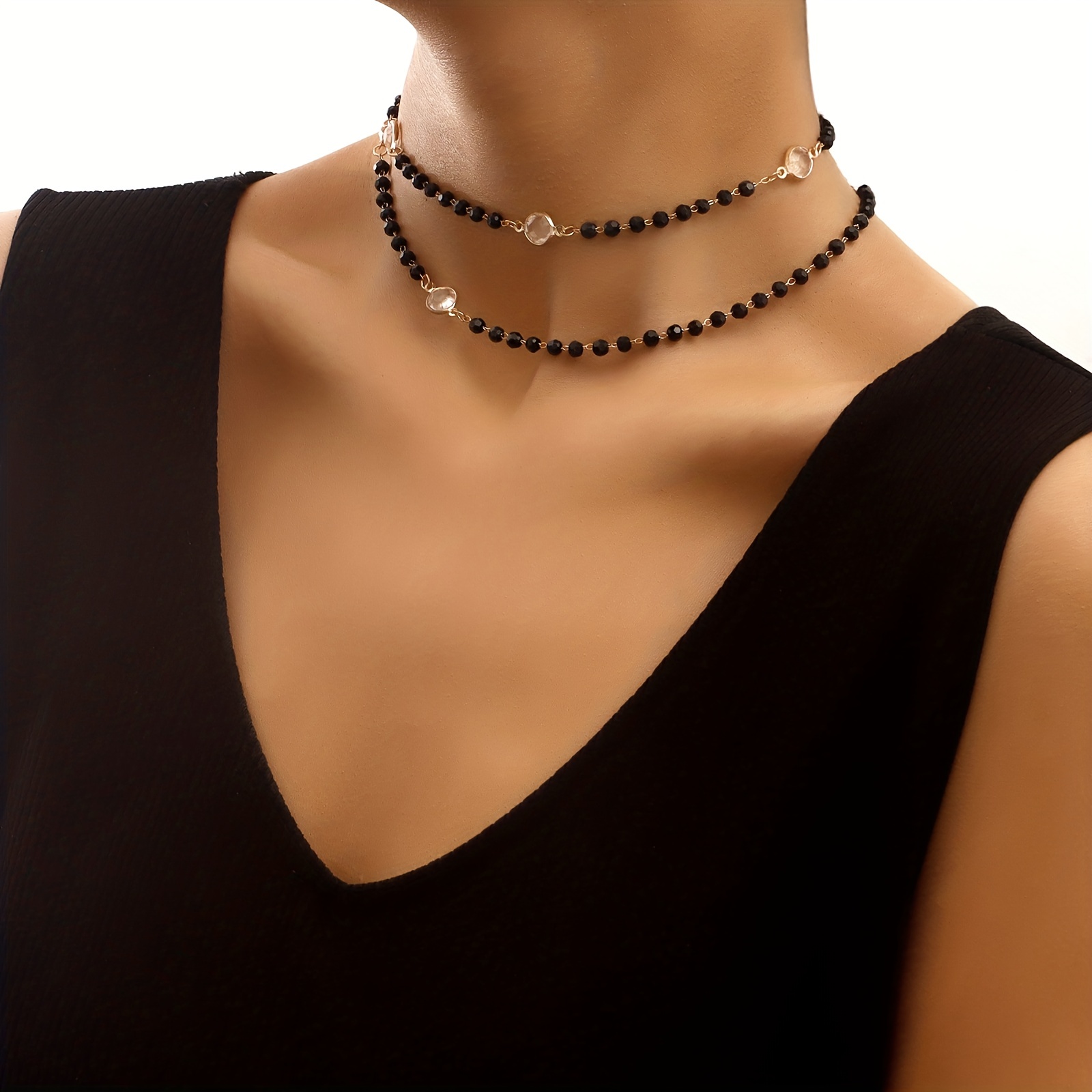 Black Choker Necklace Double Layered Necklace Rhinestone - Temu