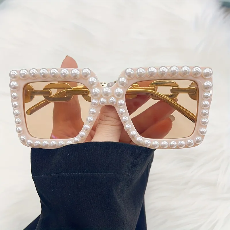 Large Square Fashion Sunglasses For Women Faux Pearl Candy Color