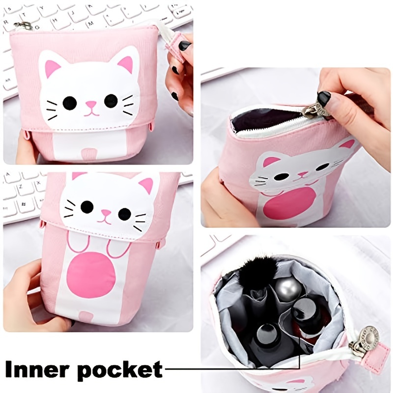 3 Pieces Telescopic Stand Up Pencil Case Box Stand Store Pencil Holder Cute  Cartoon Standing Pen Pouch(Cat, Bear, Unicorn)
