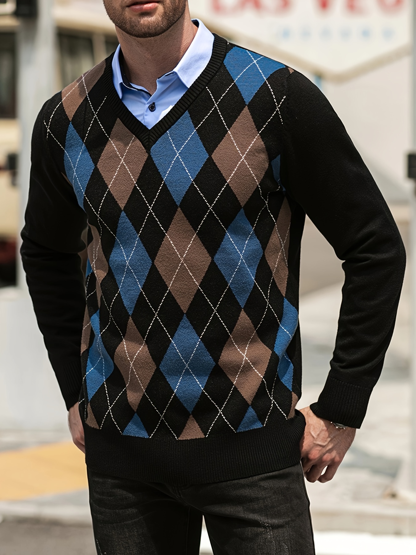 Match Knitted Retro Argyle Sweater Men's Casual Warm - Temu