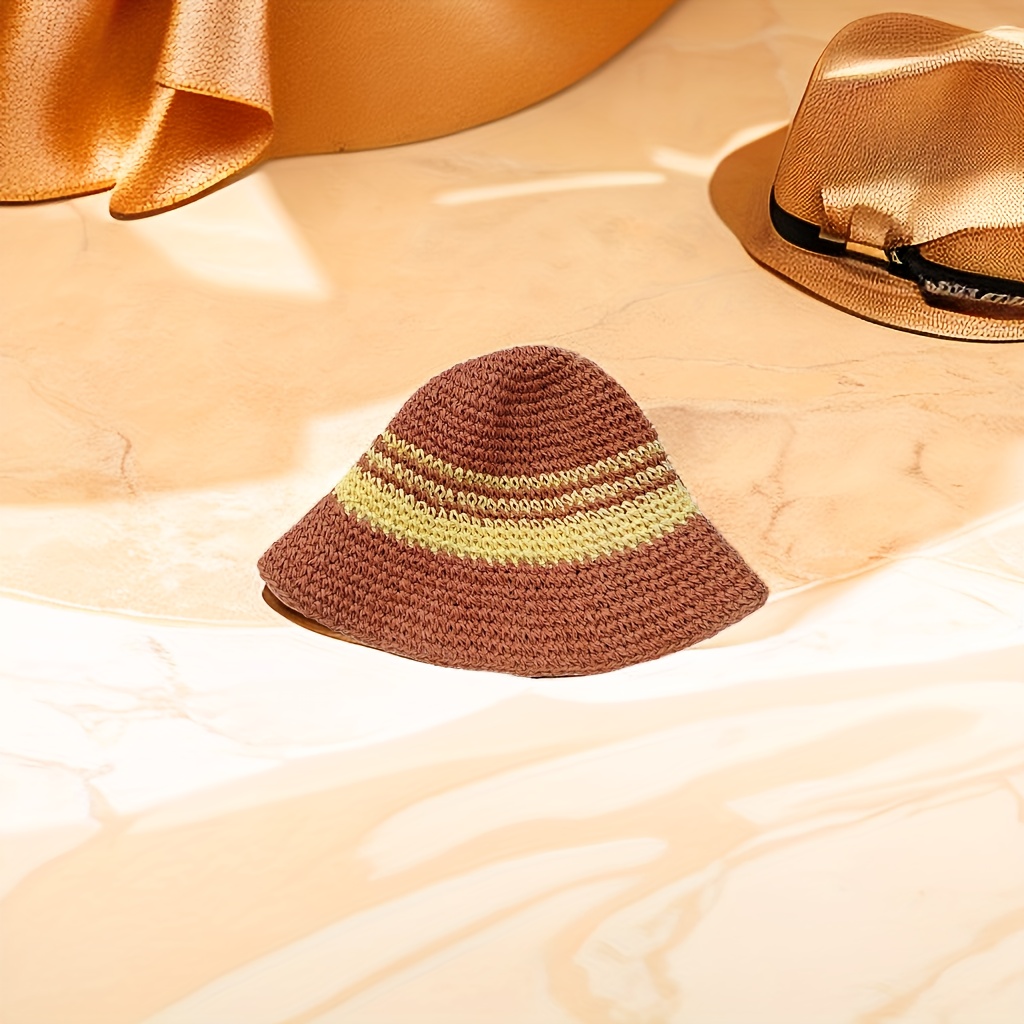 Women's Color Blocking Sun Protection Straw Hat, Lightweight Beach Fisherman Hat,Temu
