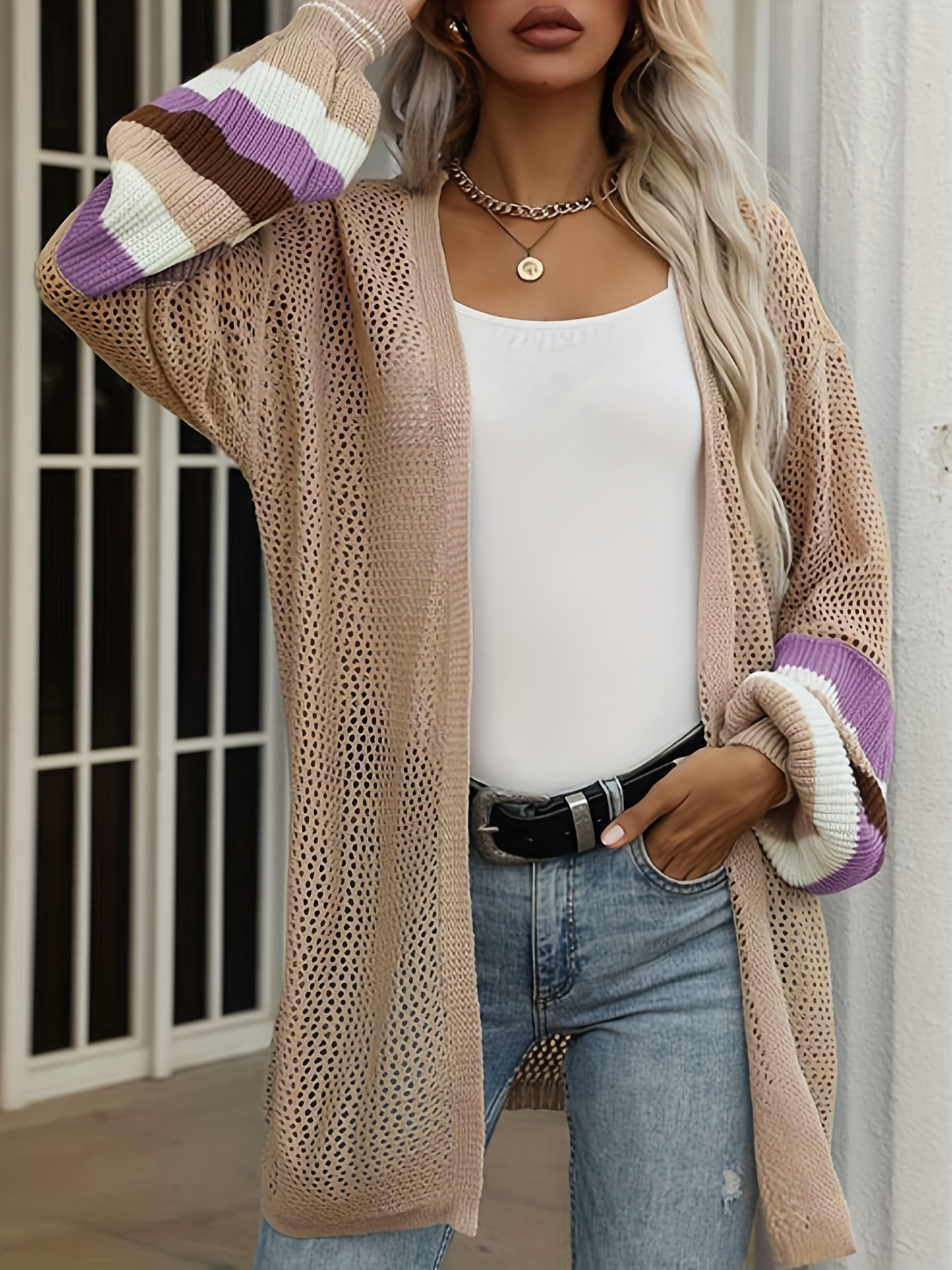 Rainbow Striped Open Front Cardigan Casual Long Sleeve - Temu