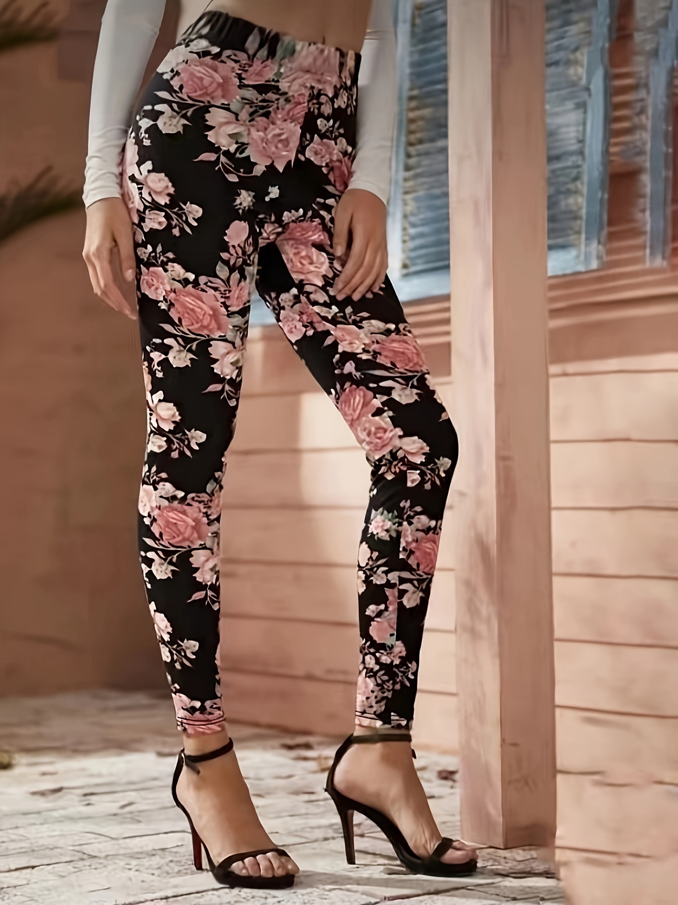 Rose Floral Print Skinny Leggings Casual Elastic Waist - Temu