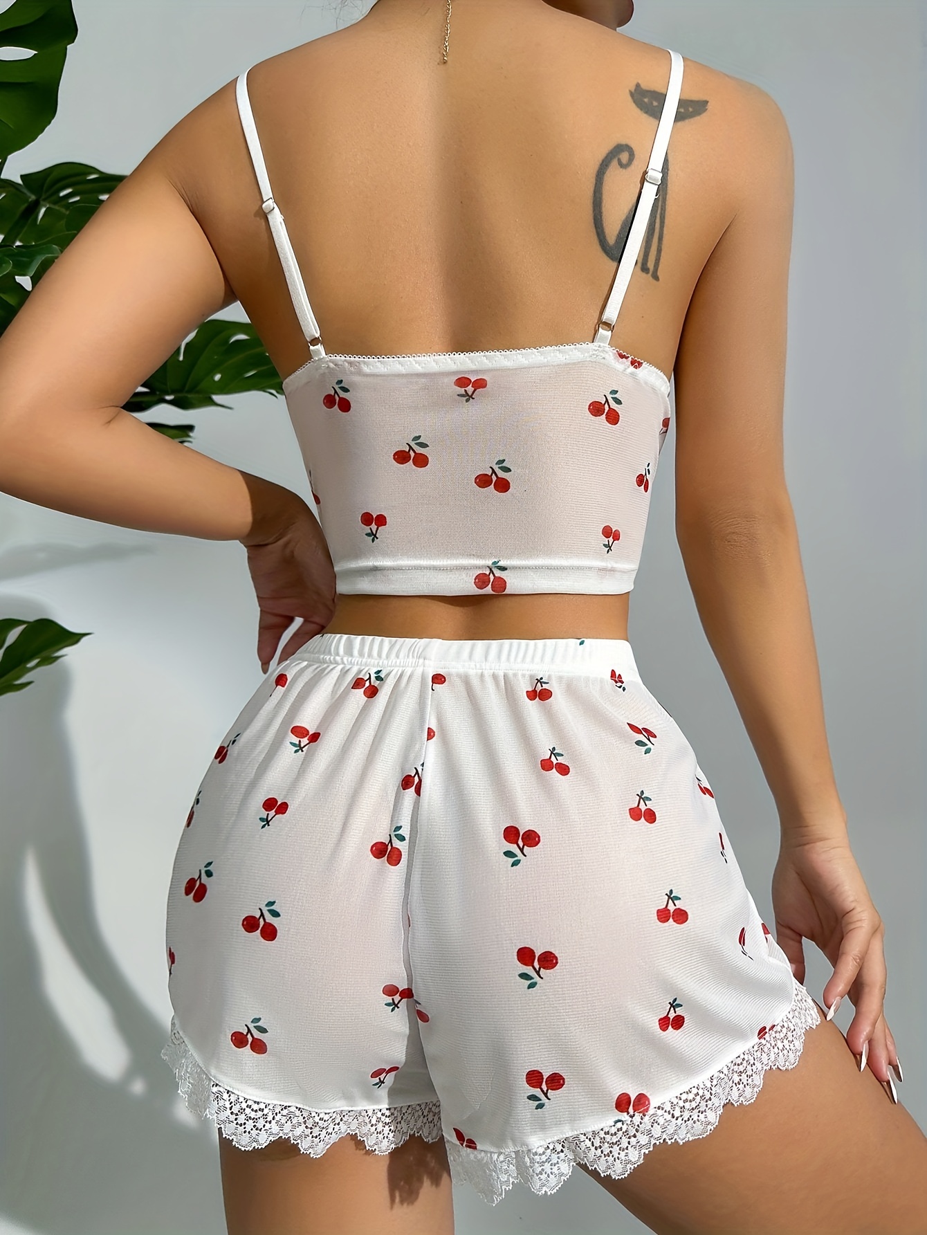 Cherry Print Mesh Lingerie Set, Cut Out Cami Top & Lace Trim Shorts,  Women's Sexy Lingerie & Underwear