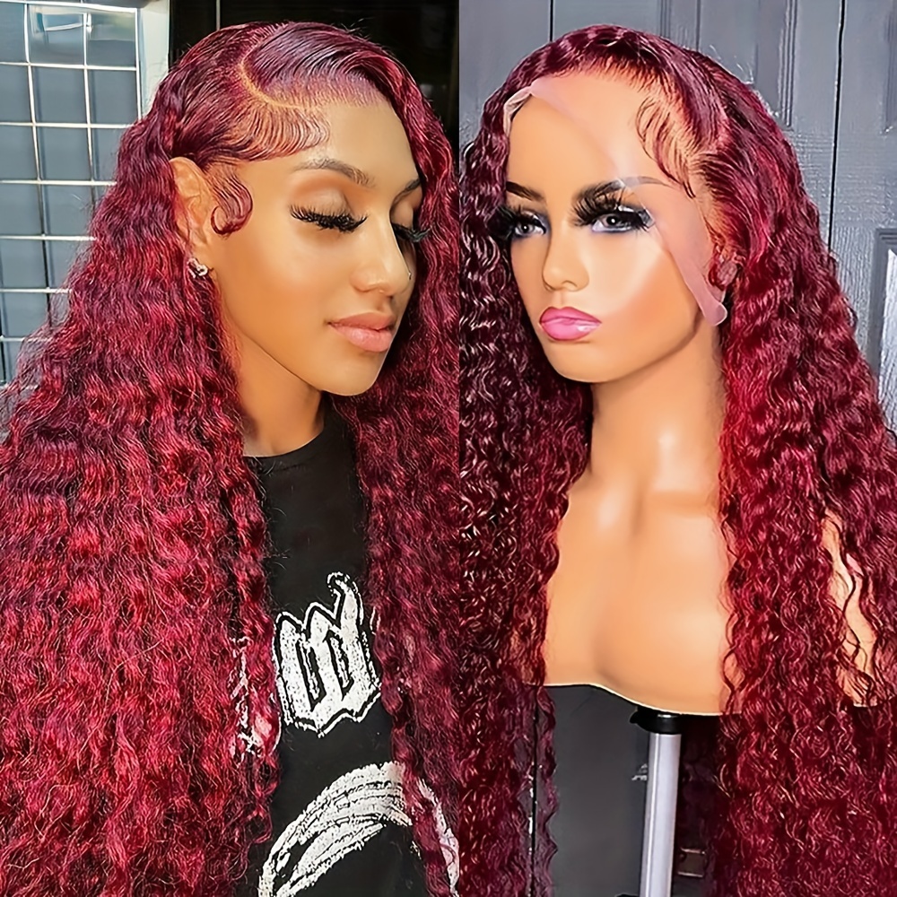 99J Burgundy Lace Front Wig 30 40 Inch Deep Wave Frontal Wig 13x4 Garnet Red Curly Lace Front Human Hair Wigs Closure Wig 200 Density