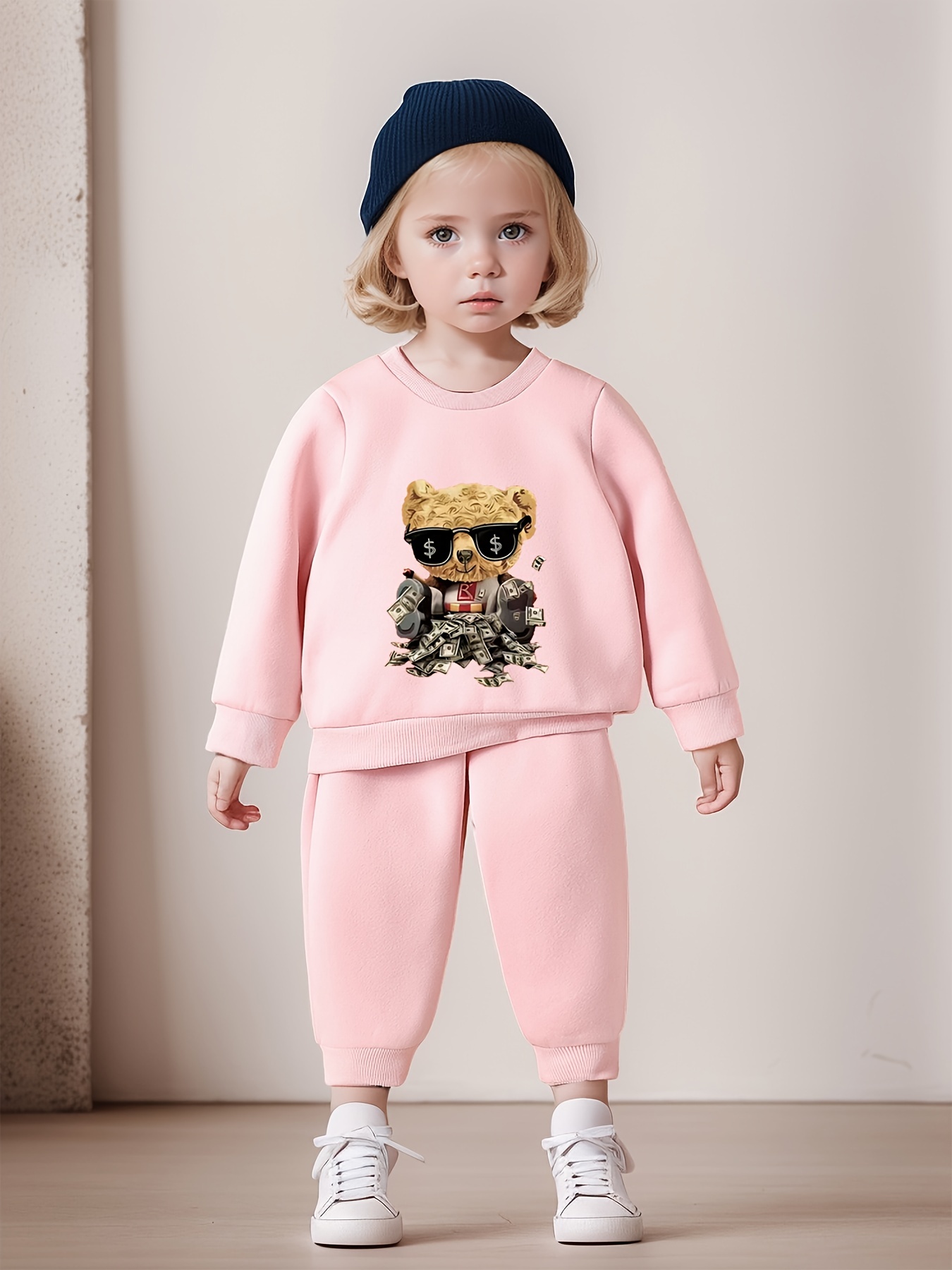 Girls Outfits Cartoon Bear Print Sweatshirt Joggers Set Temu