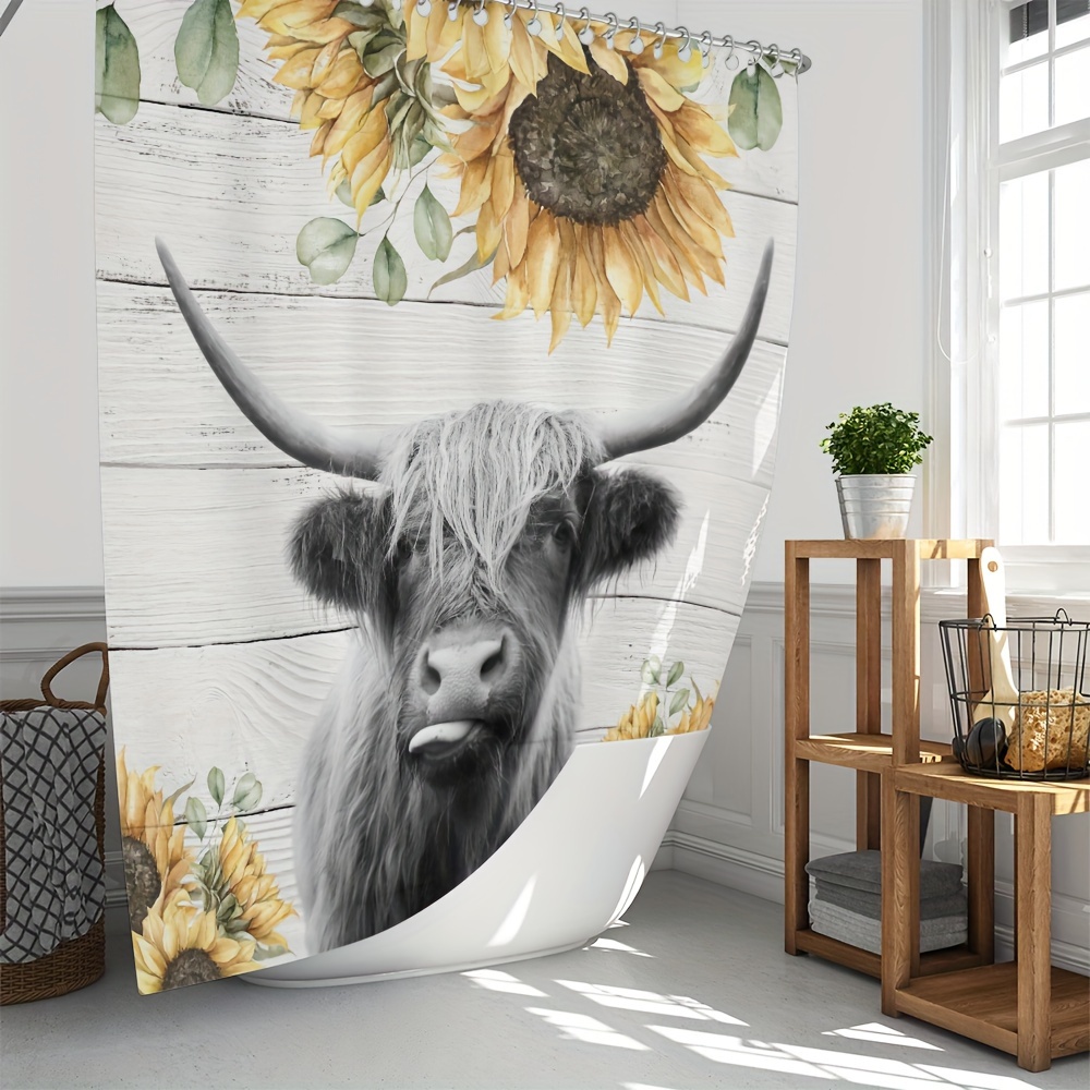 Funny Highland Cow Shower Curtain Toilet Seat Bath Mat Set, White And  Turquoise Daisies Butterfly In Grey Fabric Bathroom Shower Curtain,  Farmhouse Rustic Retro Polyester Cloth Curtains For Windows, Comes With 12