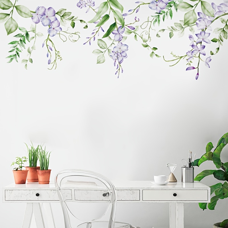 1 Pc Fleurs Sticker Mural, Violet Floral Feuilles Branches Autocollants Mur  Art Décor Stickers, Pour Chambre Salon Décoration de La Maison