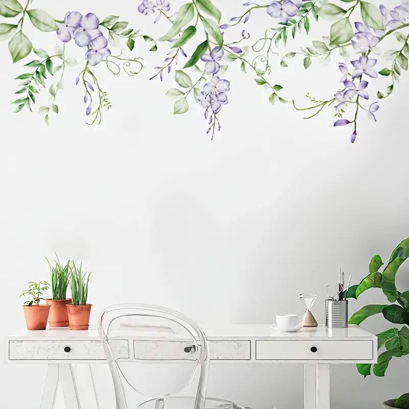 1 Pc Fleurs Sticker Mural, Violet Floral Feuilles Branches Autocollants Mur  Art Décor Stickers, Pour Chambre Salon Décoration de La Maison