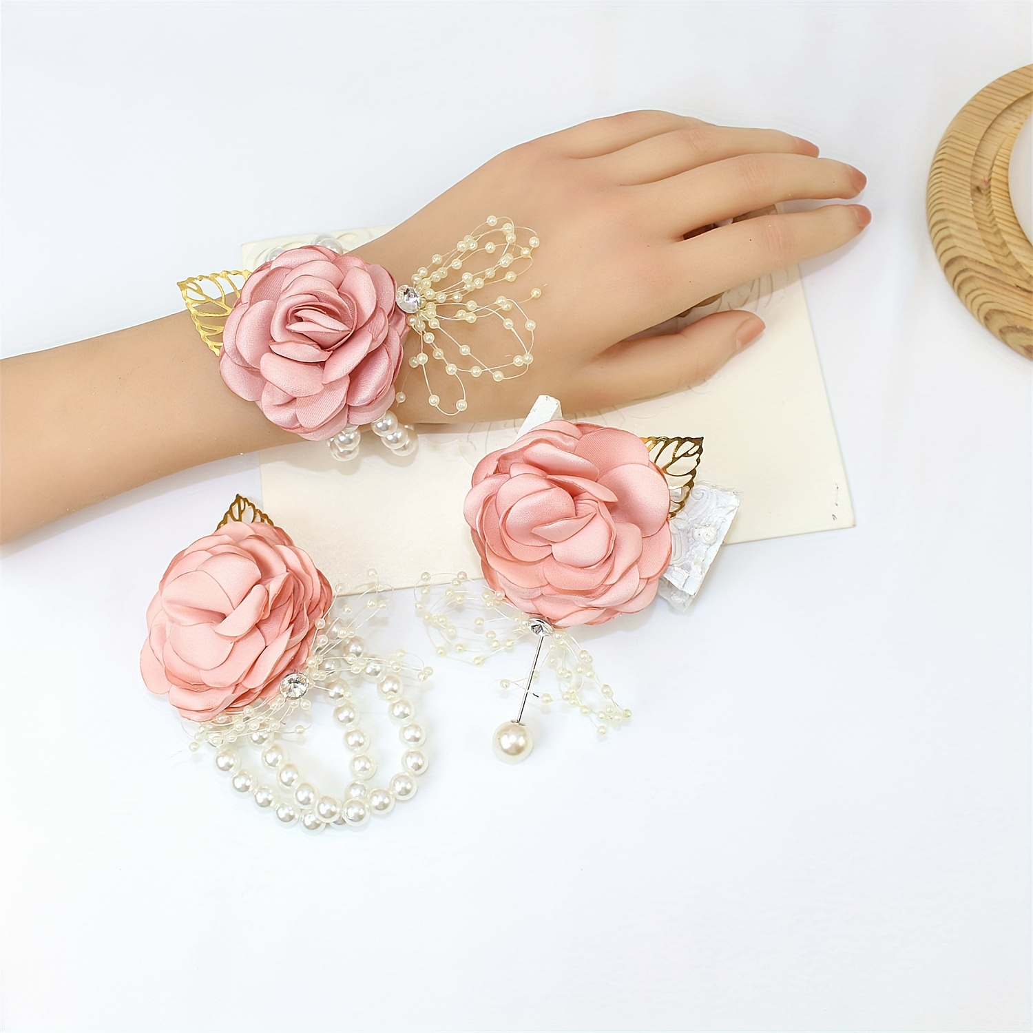 2pcs Wedding Wrist Corsage Bridesmaid Bracelet Silk Flower Wrist Corsage  Bracelets Wedding Hand Flowers Groomsmen Boutonniere