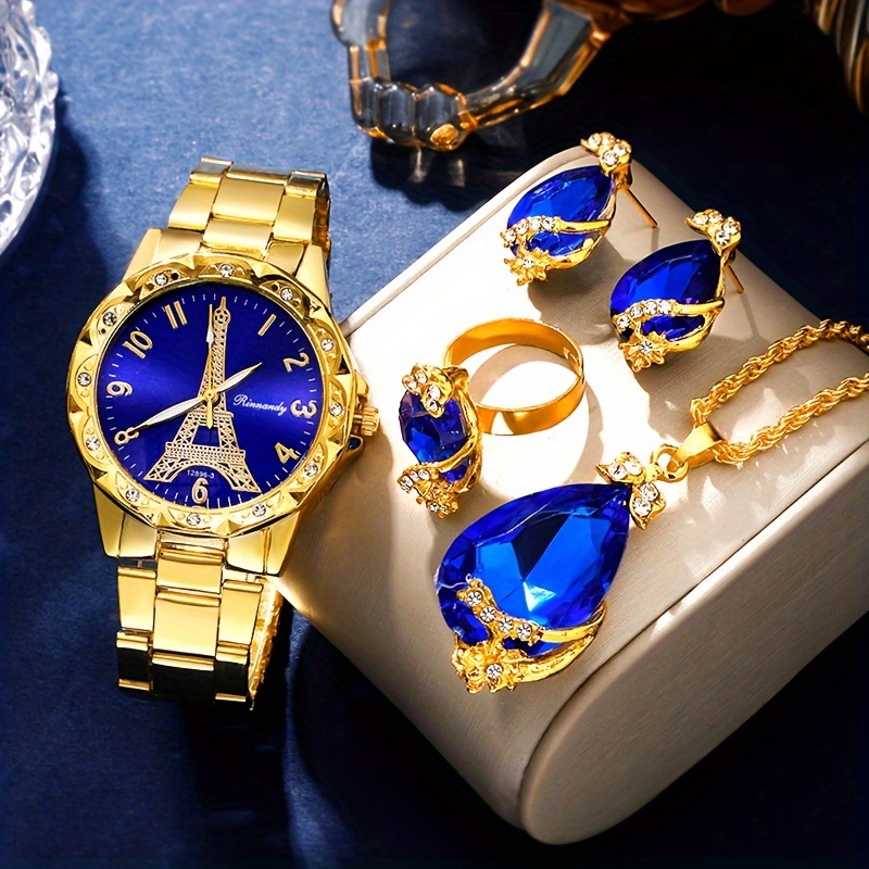 

5pcs/set Women's Watch Eiffel Tower Quartz Watch Luxury Golden Stainless Steel Wrist Watch & Jewelry Set, Gift For Mom Her