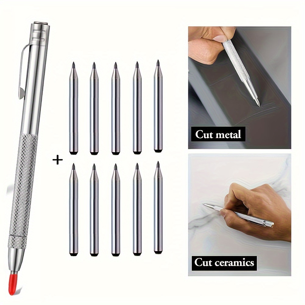 GOXAWEE 1pc Tungsten Carbide Tip Scriber With 10 Replacement Marking Tip,  Aluminium Magnet Carbide Scribe Tool Etching Pen With Clip, Metal Engraving