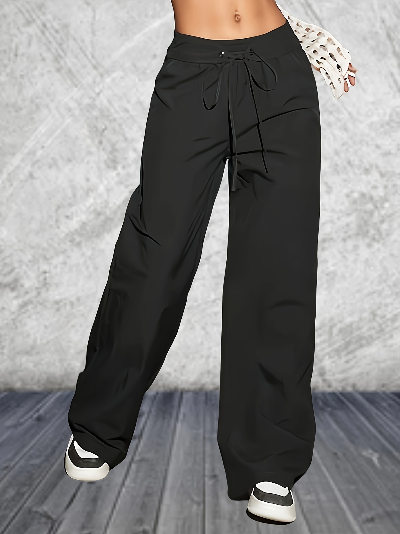 Solid Baggy Wide Leg Pants, Casual Drawstring Waist Pants With Pocket,  Women's Clothing