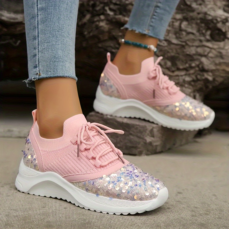Women's Glitter Decor Sneakers, Breathable Mesh Lace Up Outdoor Shoes,  Comfortable Low Top Running Shoes