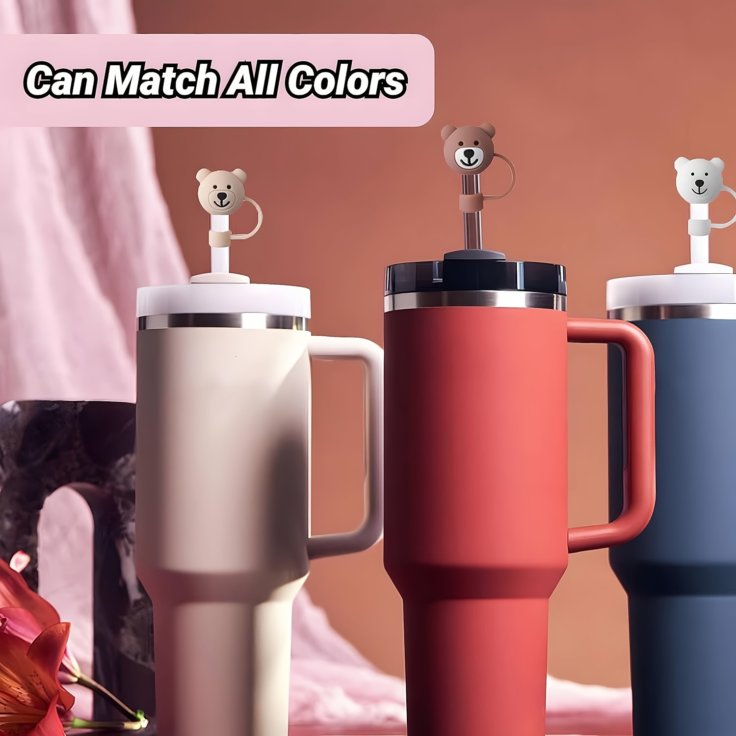 7Pcs Cute Bear Straw Covers For Stanley Cups - Dust-Proof Silicone Toppers Fit 30 & 40 Oz Tumblers