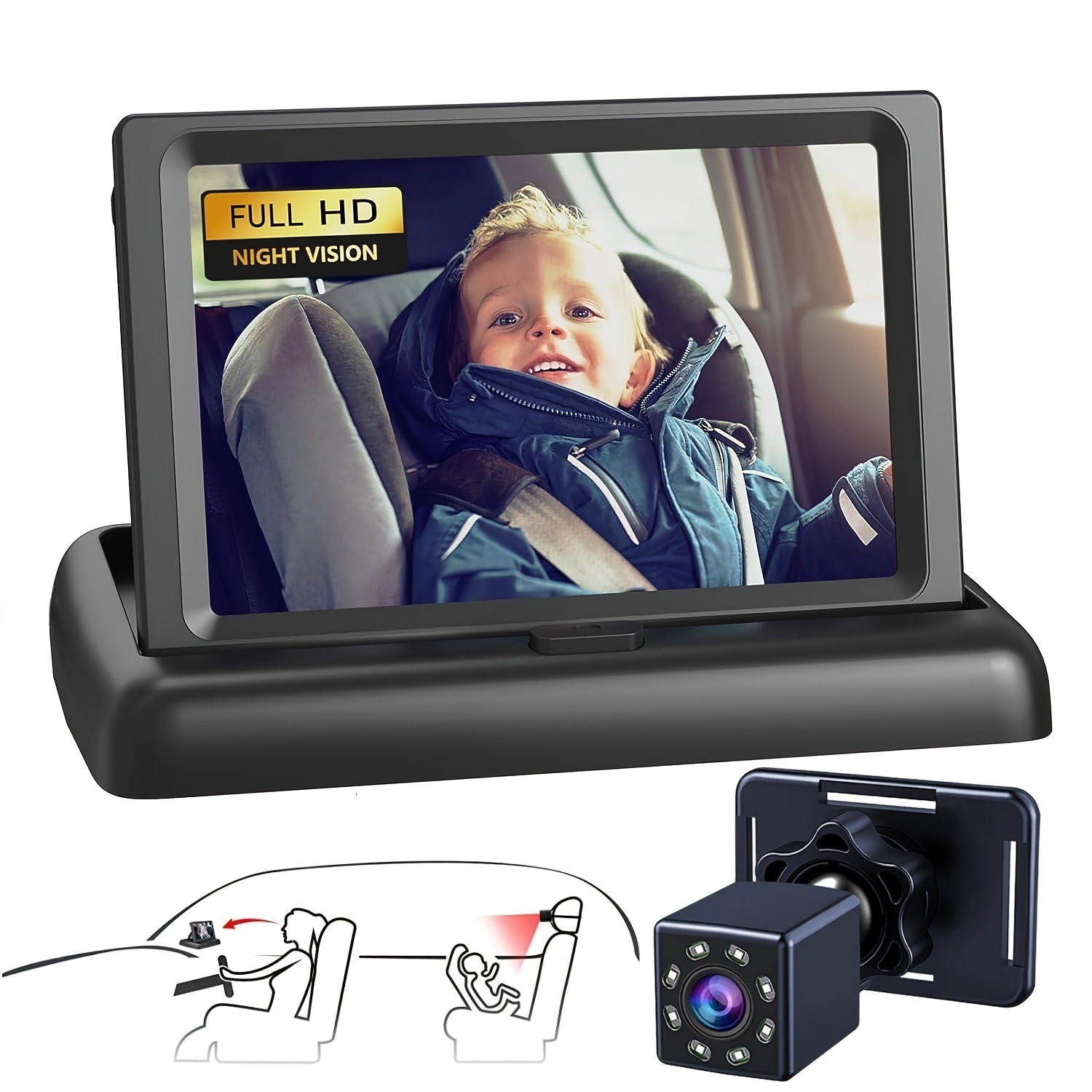 Caméra d'auto pour bébé avec écran HD Miroir d'auto pour bébé 1080p 5 min  installation facile Trousse de sécurité de voyage pour bébé avec vision  nocturne en cristal N06