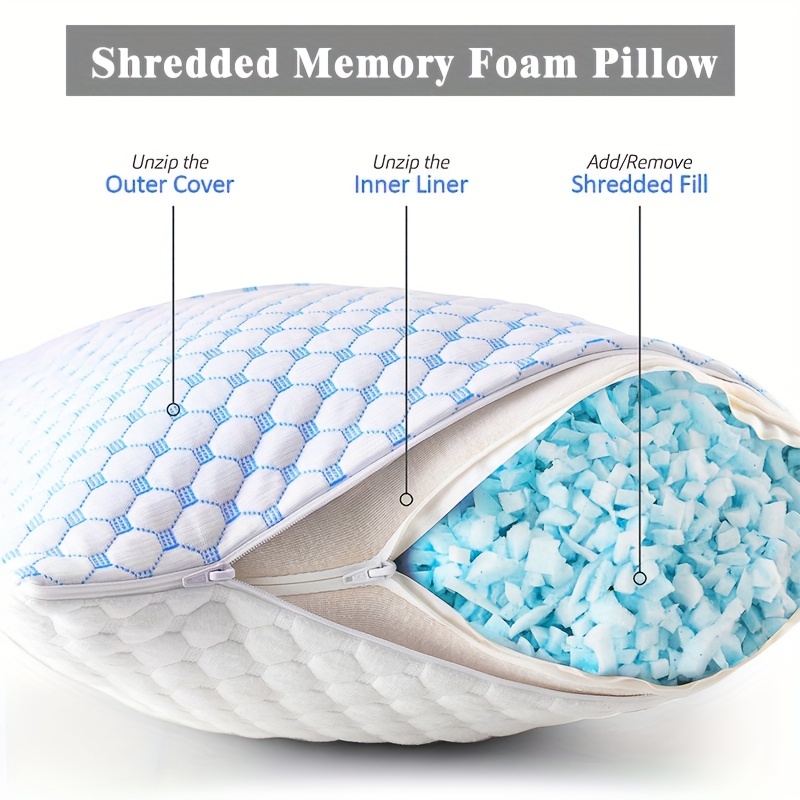 Shredded Memory Foam Pillows for Sleeping Cooling Bamboo Pillow with Adjustable Loft Hypoallergenic Bed Pillows for Side and Back Sleepers Washable