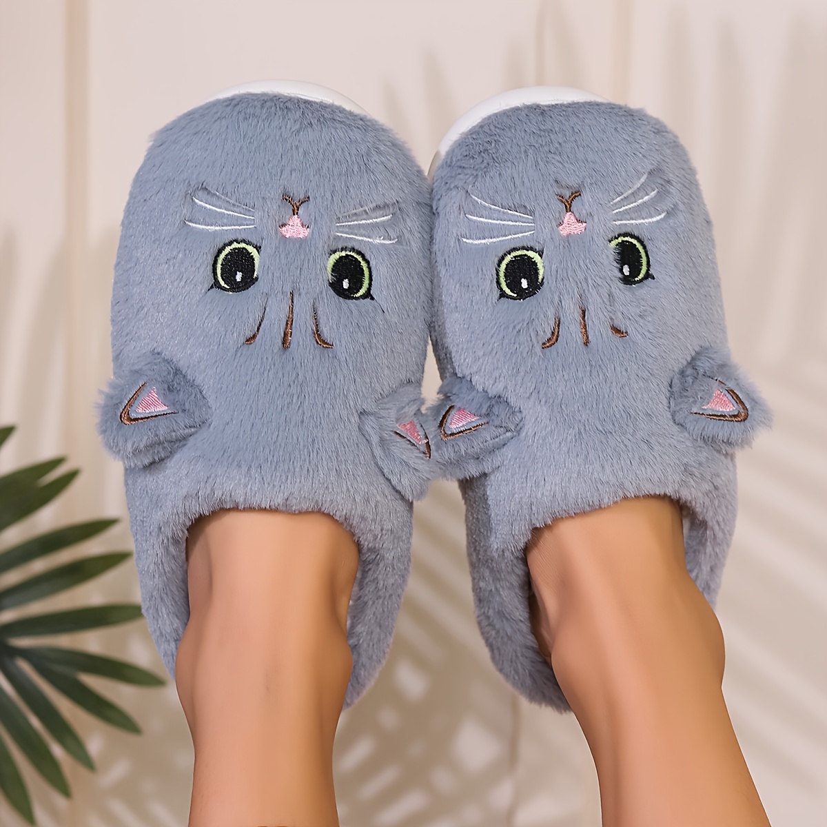 kawaii cartoon cat winter fuzzy slippers soft sole plush details 7