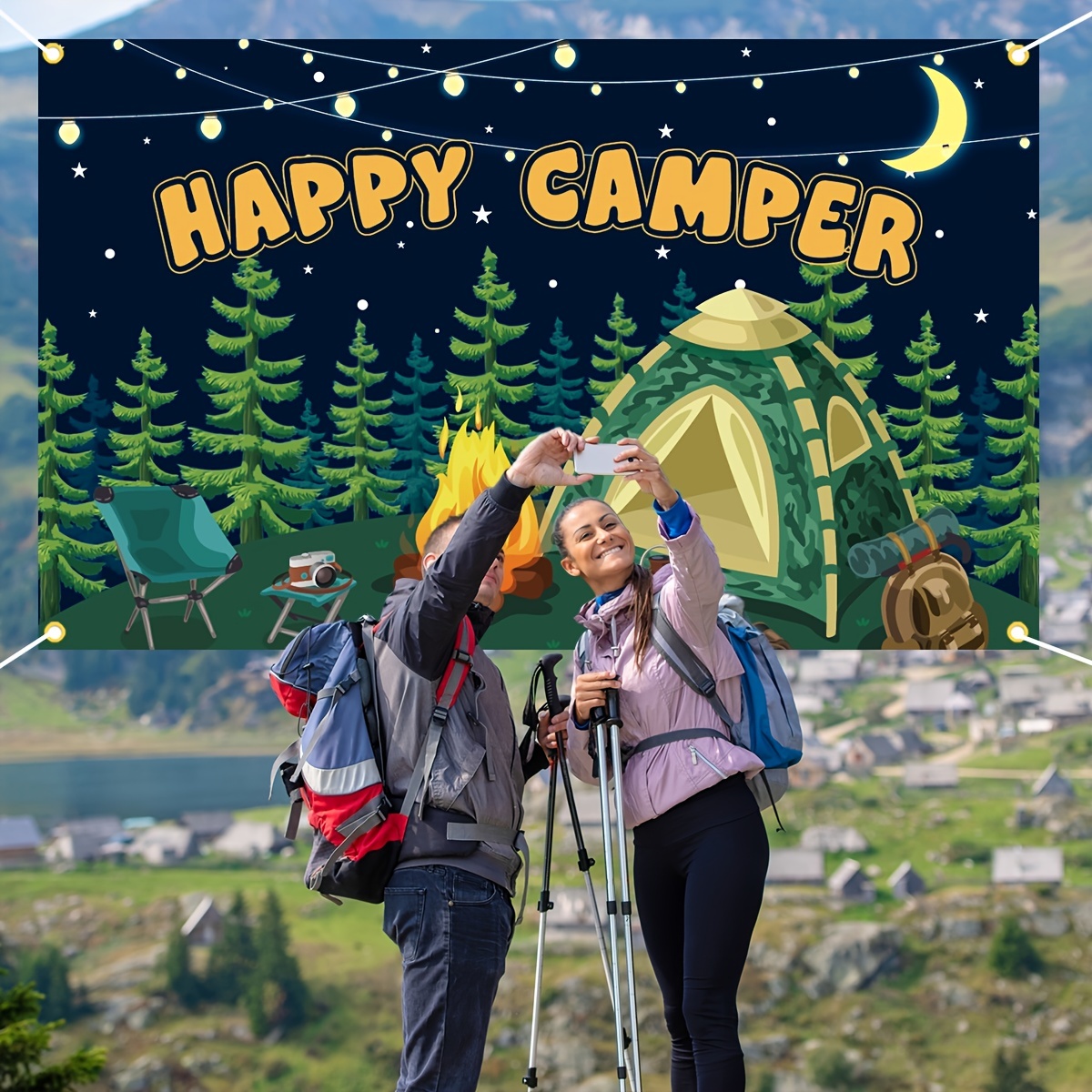 1pc, Decorazioni Per Feste A Tema Campeggio Happy Camper Banner Sfondo  180.34x109.22cm Camping Forniture Per Feste Di Compleanno