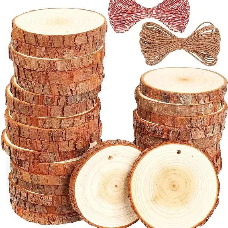10/20pcs Wood Slices Wood Rounds With Pre-drilled Hole And Twine String,  Wood Slices For Wood Burning Painting DIY Crafts Christmas Ornaments Party  We