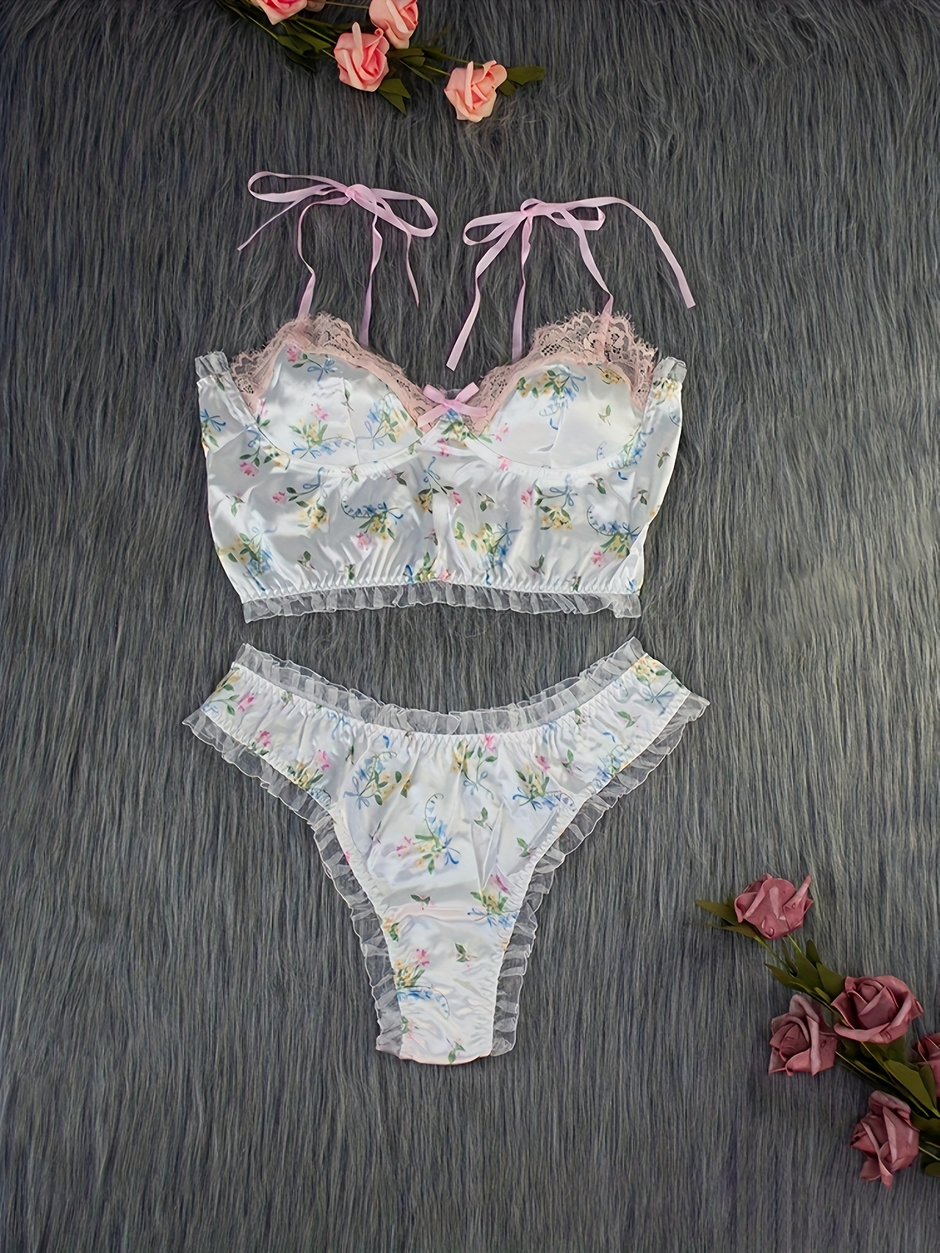Ruffle Blossom Lace Embroidery Bras And Panty Set