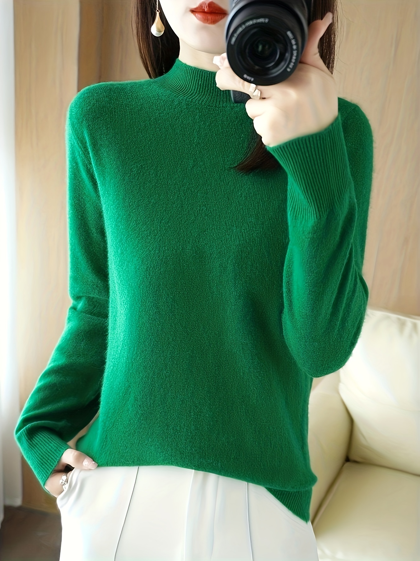 solid mock neck knitted top versatile long sleeve slim sweater womens clothing green 2