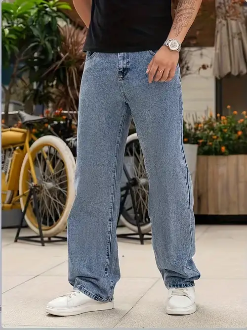 Hip Hop Printed Jeans, Men's Casual Vintage Loose Fit Wide Leg Denim Pants  With Pockets