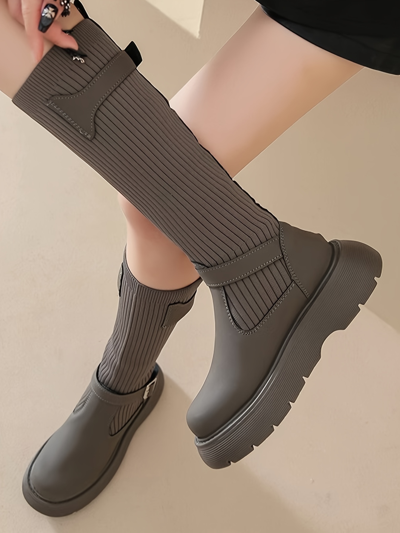 womens solid color knitted boots buckle belts soft sole platform stretch boots versatile round toe slim boots details 3