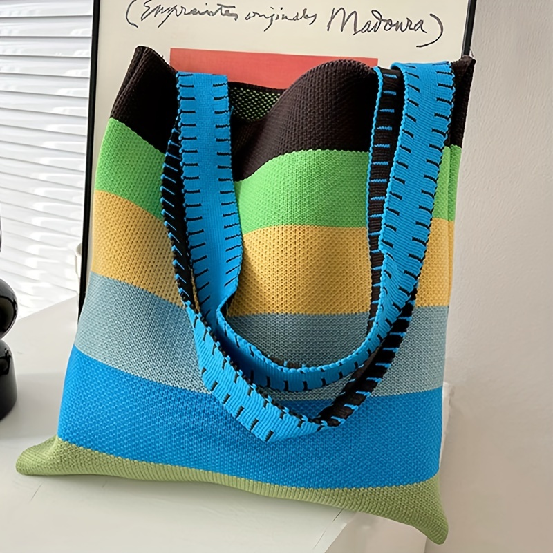 Colorful Stripes Knitted Durable Tote Bag, Slouchy Rainbow Large