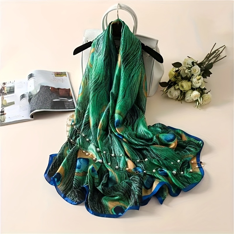 

Spring/summer Peacock Feather Print Silky Scarf - Fashionable Sunscreen Scarf For Warmth And Style