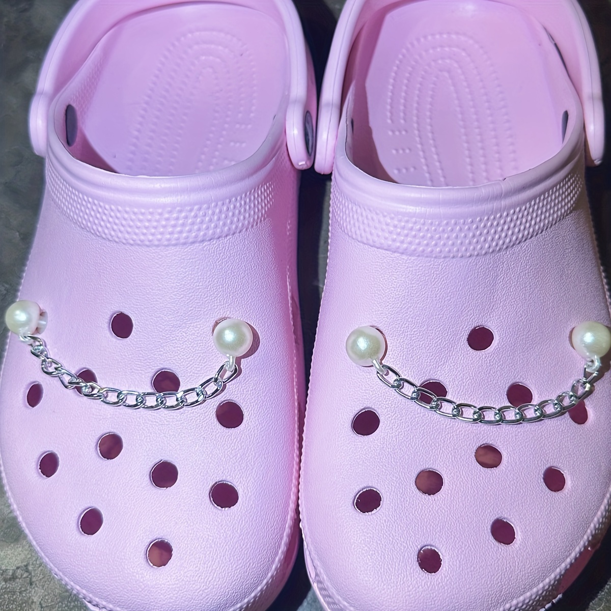 Crocs grey pink womens 9 mens 7 with charms flowers crystal 5 hearts pearl  shoes 