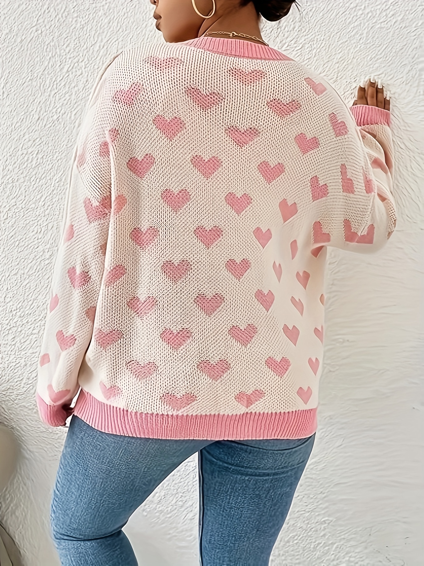 Heart Pattern Button Down Knit Cardigan, Valentine's Day Long Sleeve Loose  Sweater, Women's Clothing