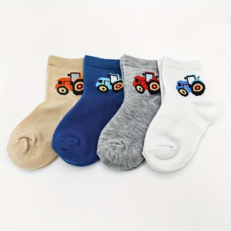 6 Pairs/3 Pairs Boys' Youngsters Cartoon Tractor Pattern Cute Socks, Breathable Comfort Crew Socks, 1-6 Years Fashion Socks