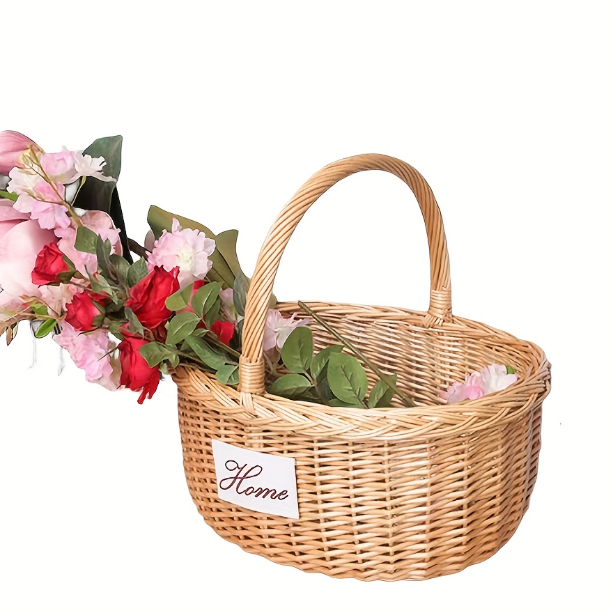 Hand Woven Flower Basket Wooden Woven Basket for Storage Wood Chip Picnic Basket Gift Basket Empty to Fill for Pantry Wedding Flower Closet Brown