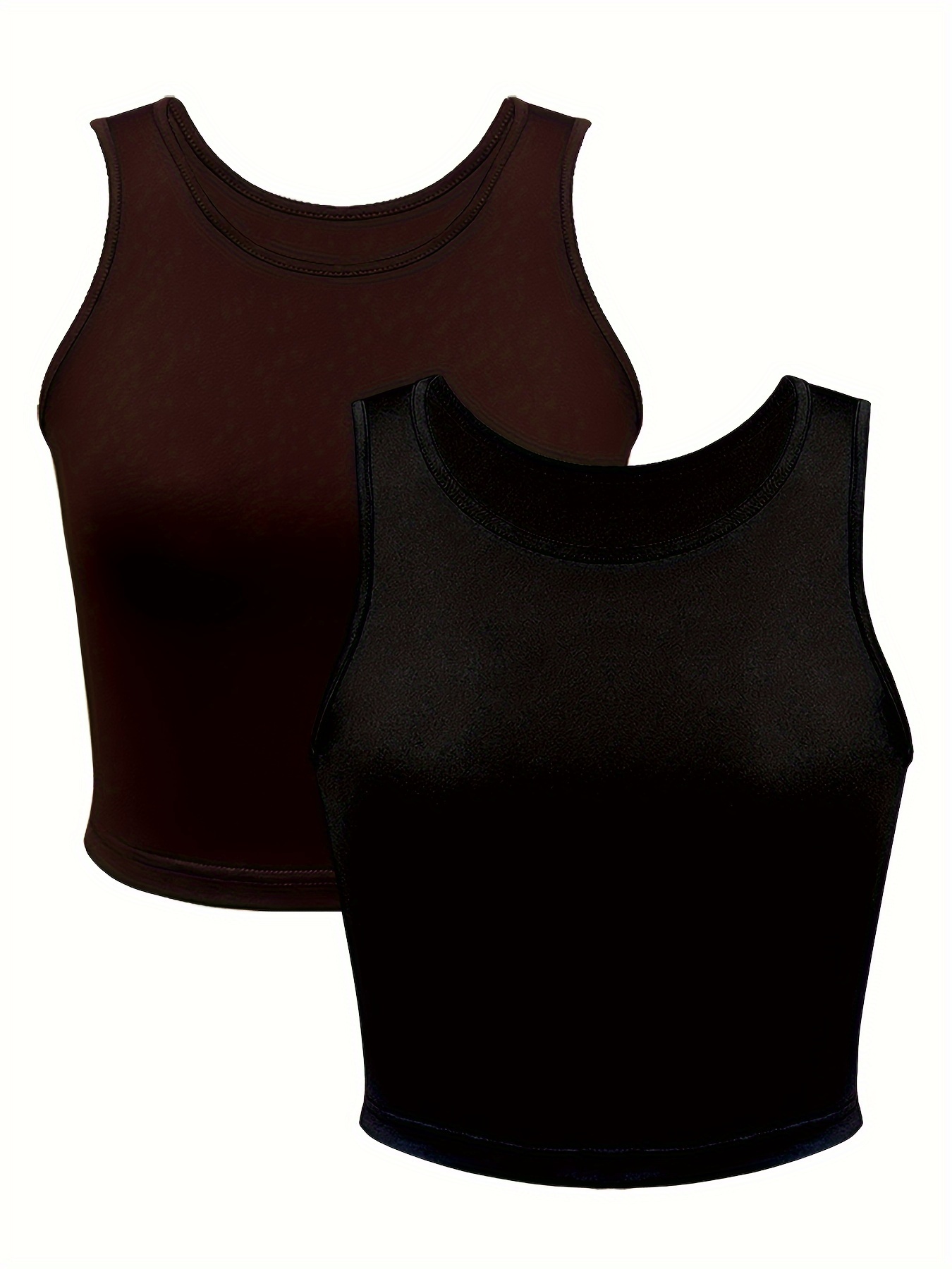 Solid Crop Tank Top 2 Pack, Casual Crew Neck Crop Sleeveless Top For  Summer, Women's Clothing