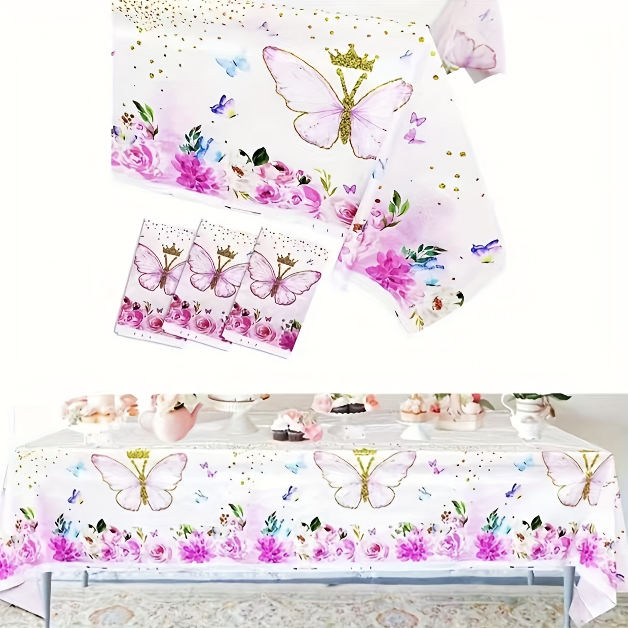 

1pc, Birthday Party Wedding Party Table Cloth Decoration, Pink Butterfly Waterproof Table Cloth, Butterfly Wall Sticker Background Decor, Party Decor, Party Supplies, Holiday Decor, Holiday Supplies