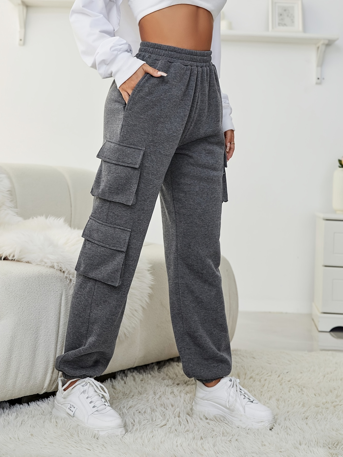 Solid Jogger Cargo Pants Casual Flap Pocket Elastic Waist - Temu