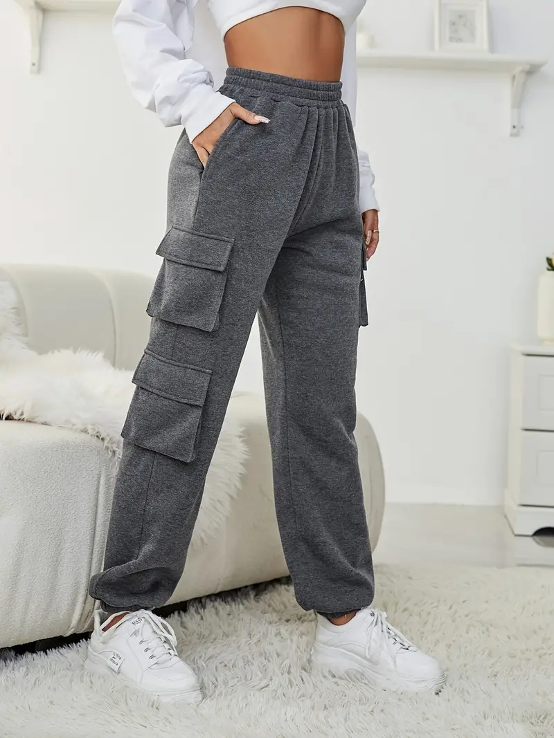 Solid Jogger Cargo Pants, Casual Flap Pocket Elastic Waist Loose Pants,  Women's Clothing