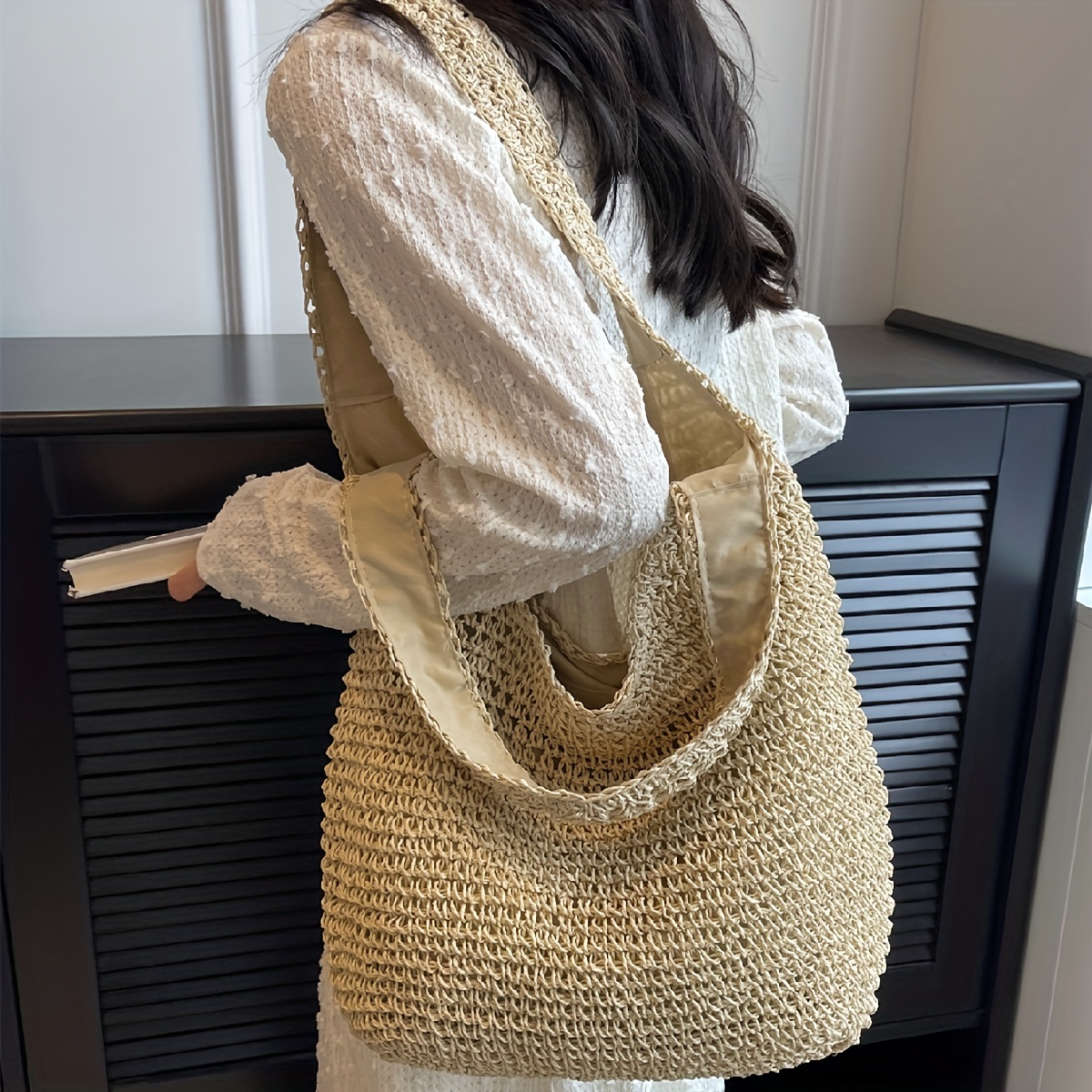 Simple Shoulder Bag Women's Bag Children's Bag Hollow Crochet Woven Handbag Straw Woven Bag Summer Seaside