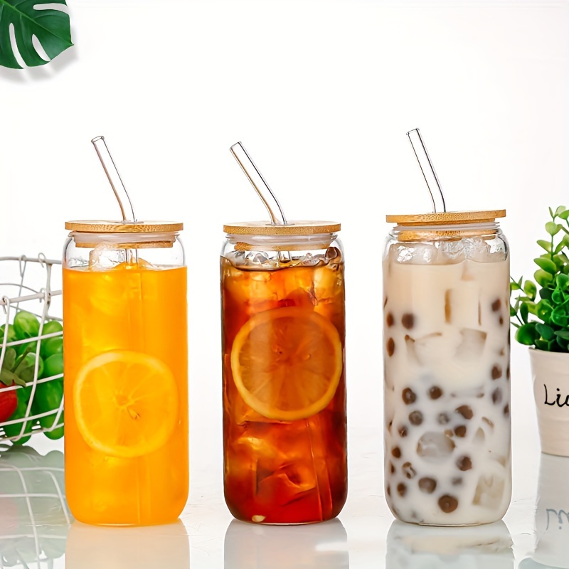 Drinking Glass with Bamboo Lids and Glass Straws 4 Packs,16 oz Can Shaped  Glass Cups,Glass Beer Can Cups with Lids for Iced  Coffee,Soda,Whiskey,Bubble
